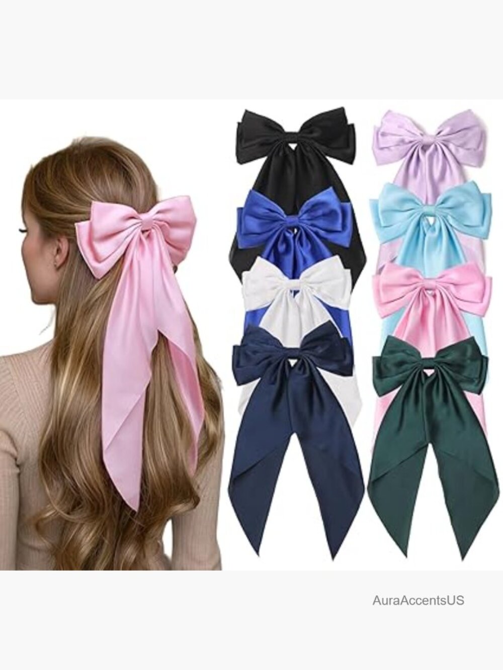 8 Large Satin Hair Bows French Barrette Clips Set for Women Long Tail